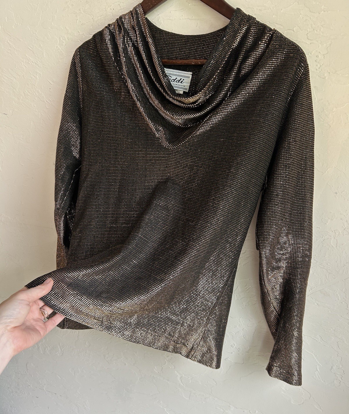 Vintage 1970s Teddi Of California Metallic Top 10 Cowl Disco Glam Bronze Lamé
