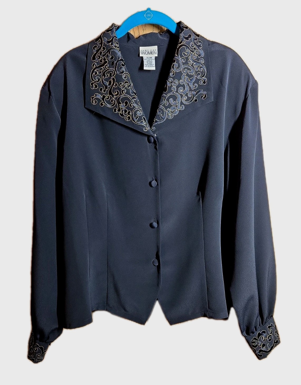 Vintage Just For Women Brand 22W Black Blouse w/ Gold Embroidered Collar/Sleeves