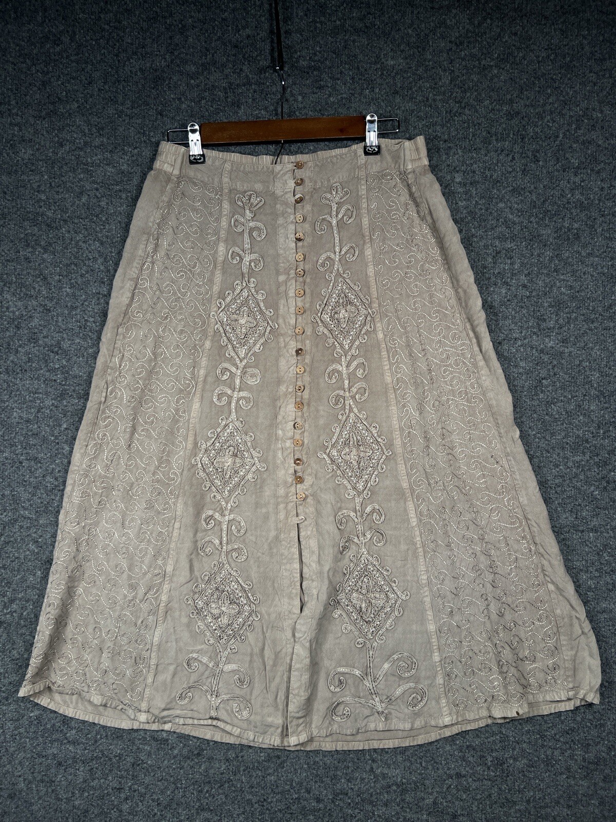 Vintage Sportique Button Up Skirt Embroidered Cover Up Khaki Rayon Women’s M
