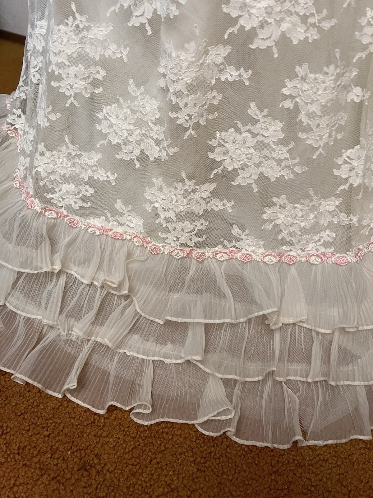 Vintage 1960s Empire Waist Lace Wedding Dress With Rose Appliqué And Ruffles
