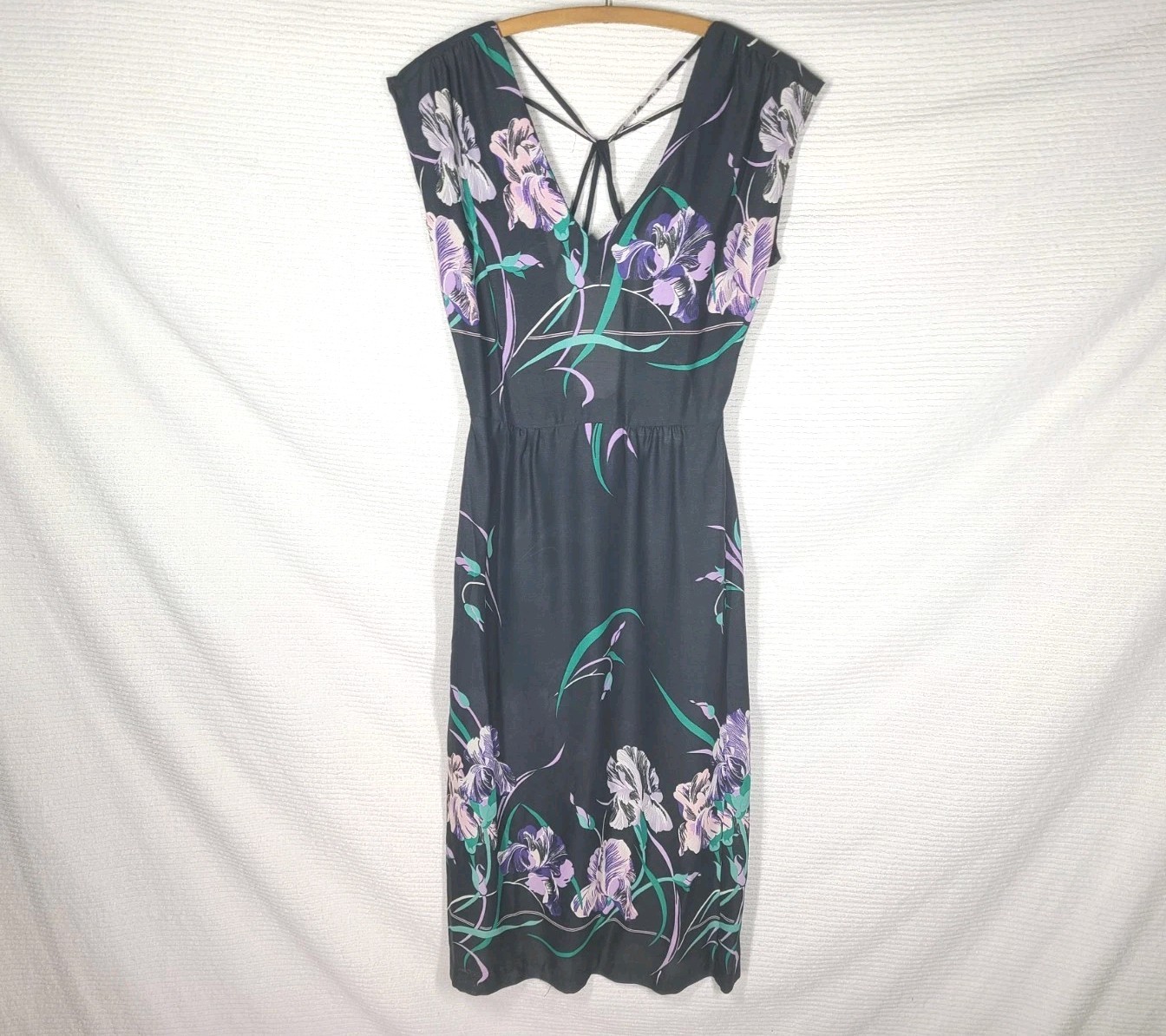 1970s Black Iris Dress Strappy Back Disco Rayon Crepe Malibu Media Vintage Rare