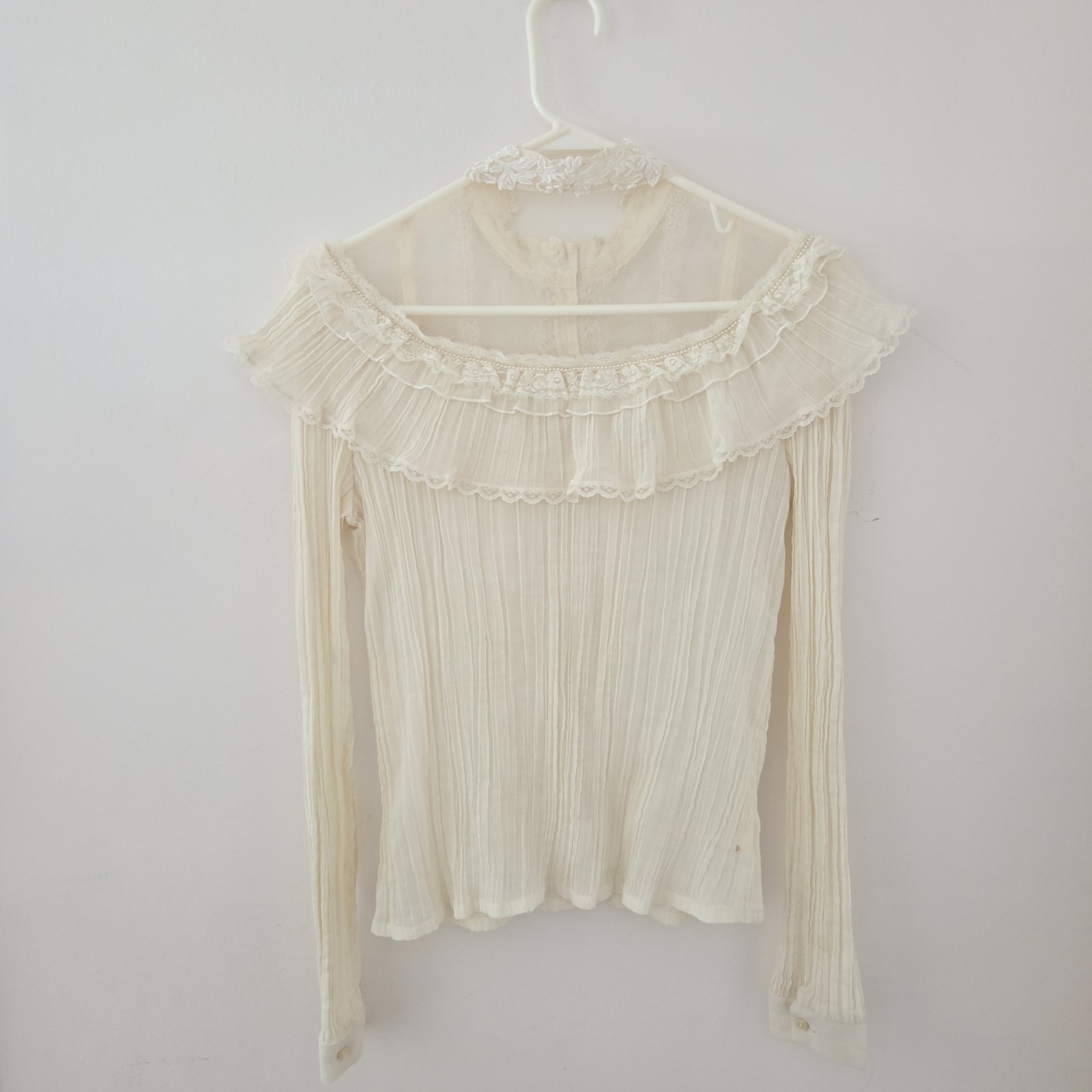 Gunnies Ivory Sheer Lace Blouse High Neck Ruffle Pearl Button Long Sleeve