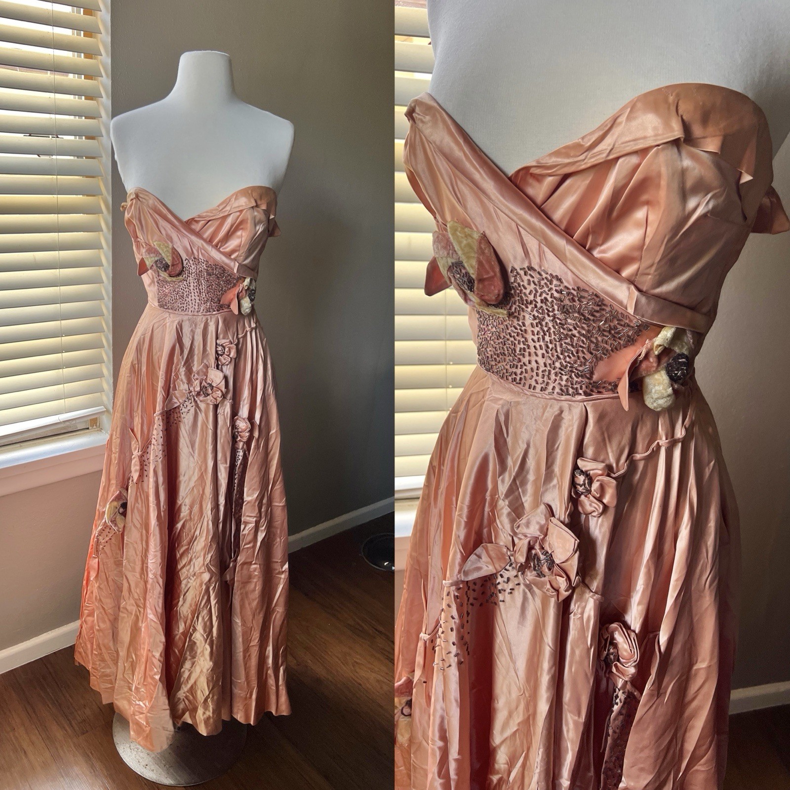 Vintage 40s 50s Ball Gown Strapless Floral Appliques Beaded Maxi Satin Dress MCM