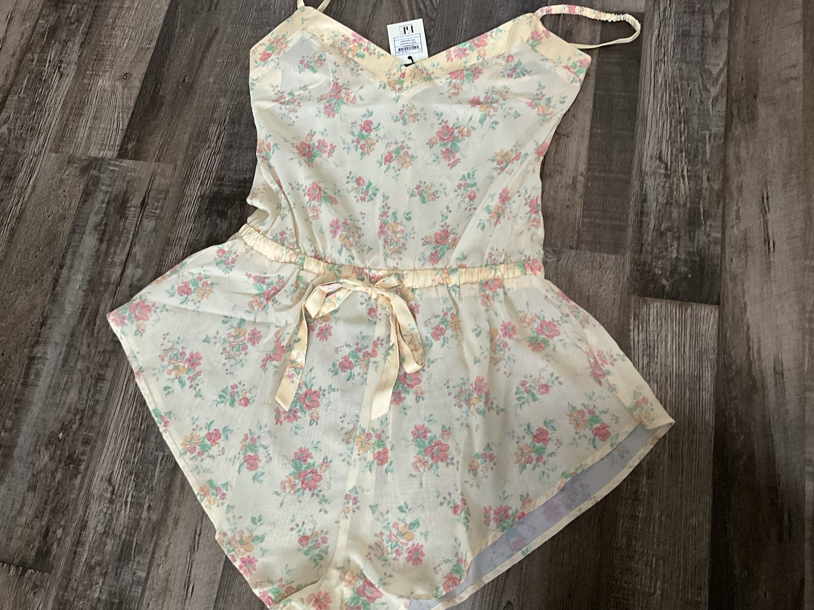 Kilo Brava Chiffon Satin Teddy Vintage Floral Yellow Sheer Romper Large NWT!