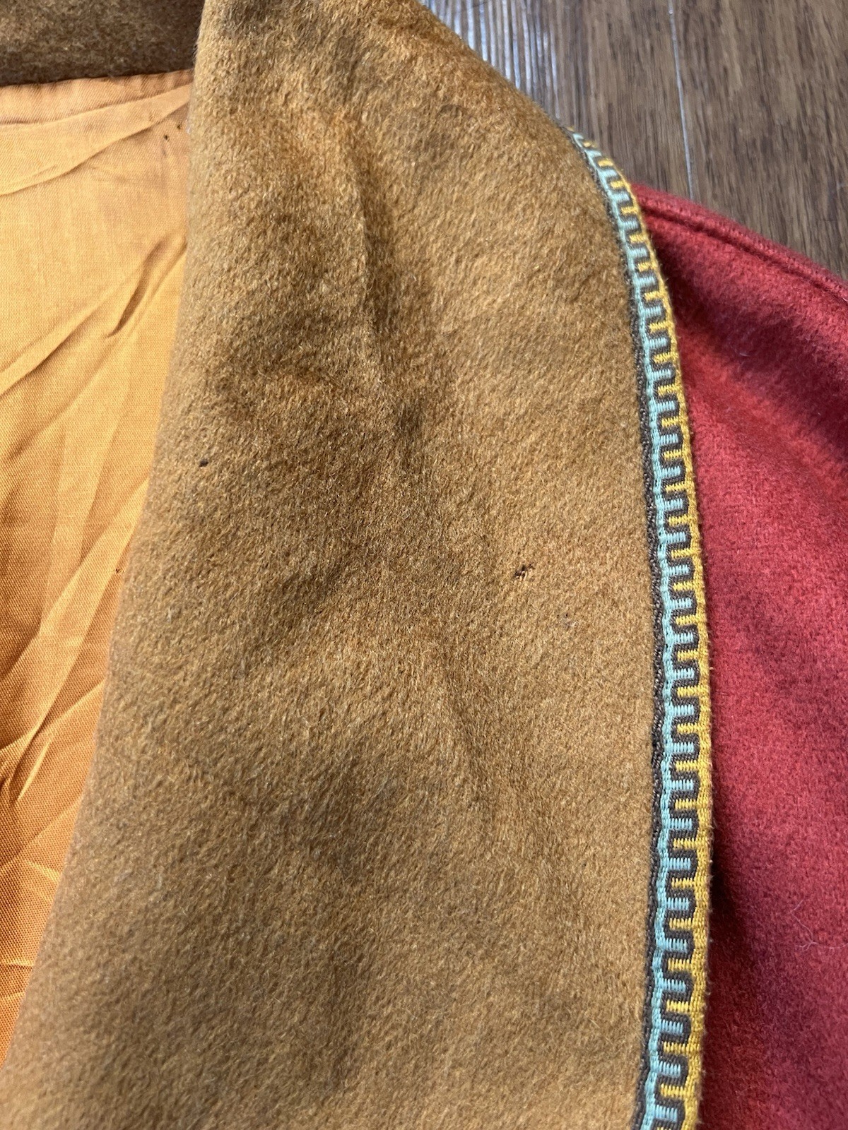Vintage 60s 70s Wool Blend Coat Jacket Orange Yellow Trim Mod Hippie FLAWS READ