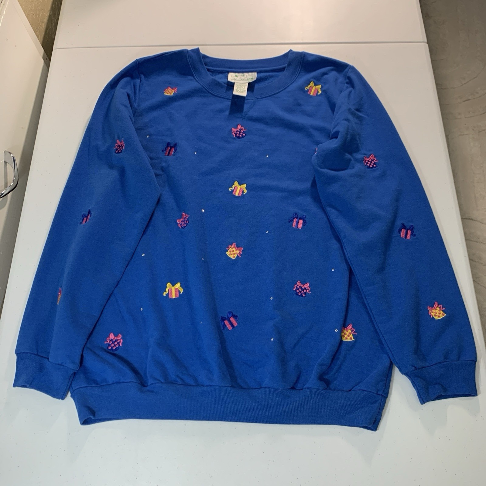 1990’s Vintage The Quacker Factory Blue Embroidered Multi Colored Gifts Sweater