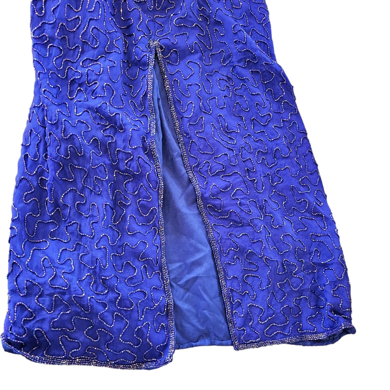 Vintage 80s Royal Blue Silk Beaded Sequins Long Gown Dress Medium 8 10