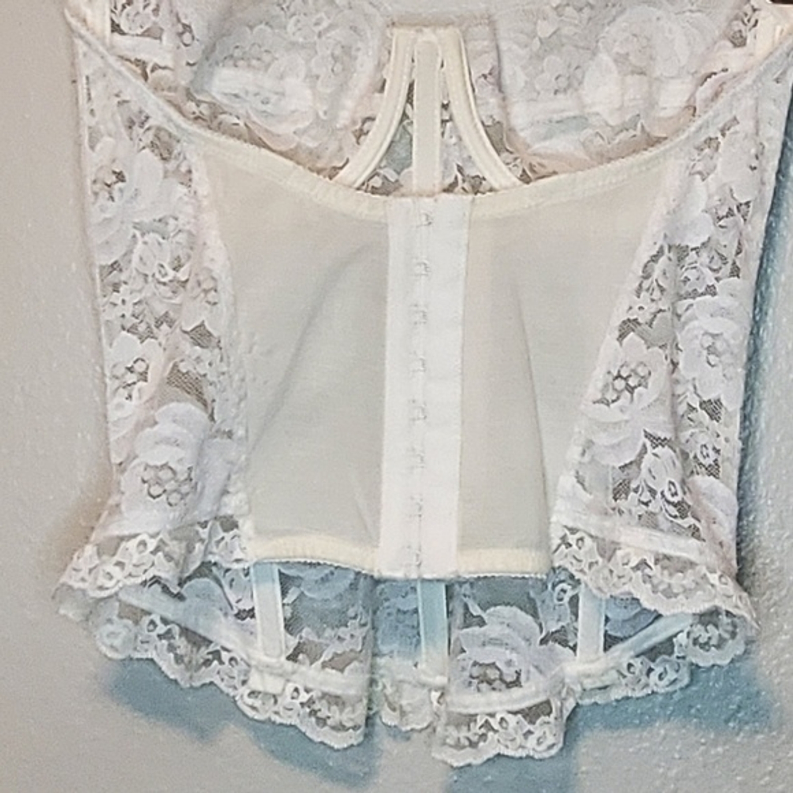 Vintage 90s Jezebel White Lace Lingerie Sheer Bridal Floral Corset Ruffle 34 B