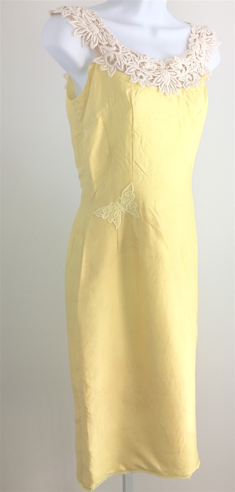 Vintage Dress Shantung Yellow Lace Trim Butterfly Appliques Sz XS-S