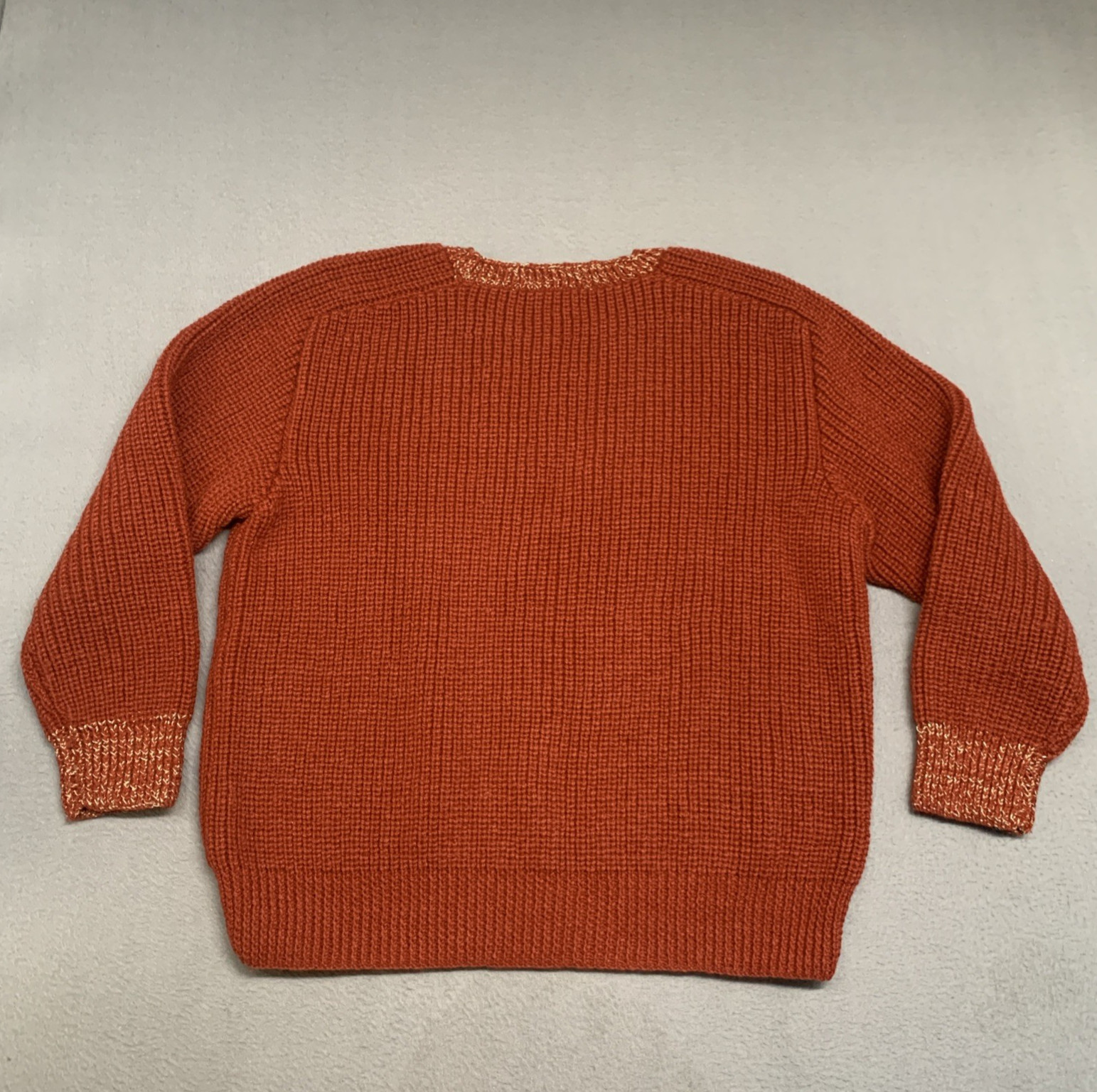 Vintage 80s Hand Knit Sweater Women’s M Burnt Orange Shiny Tencil Accents Preppy