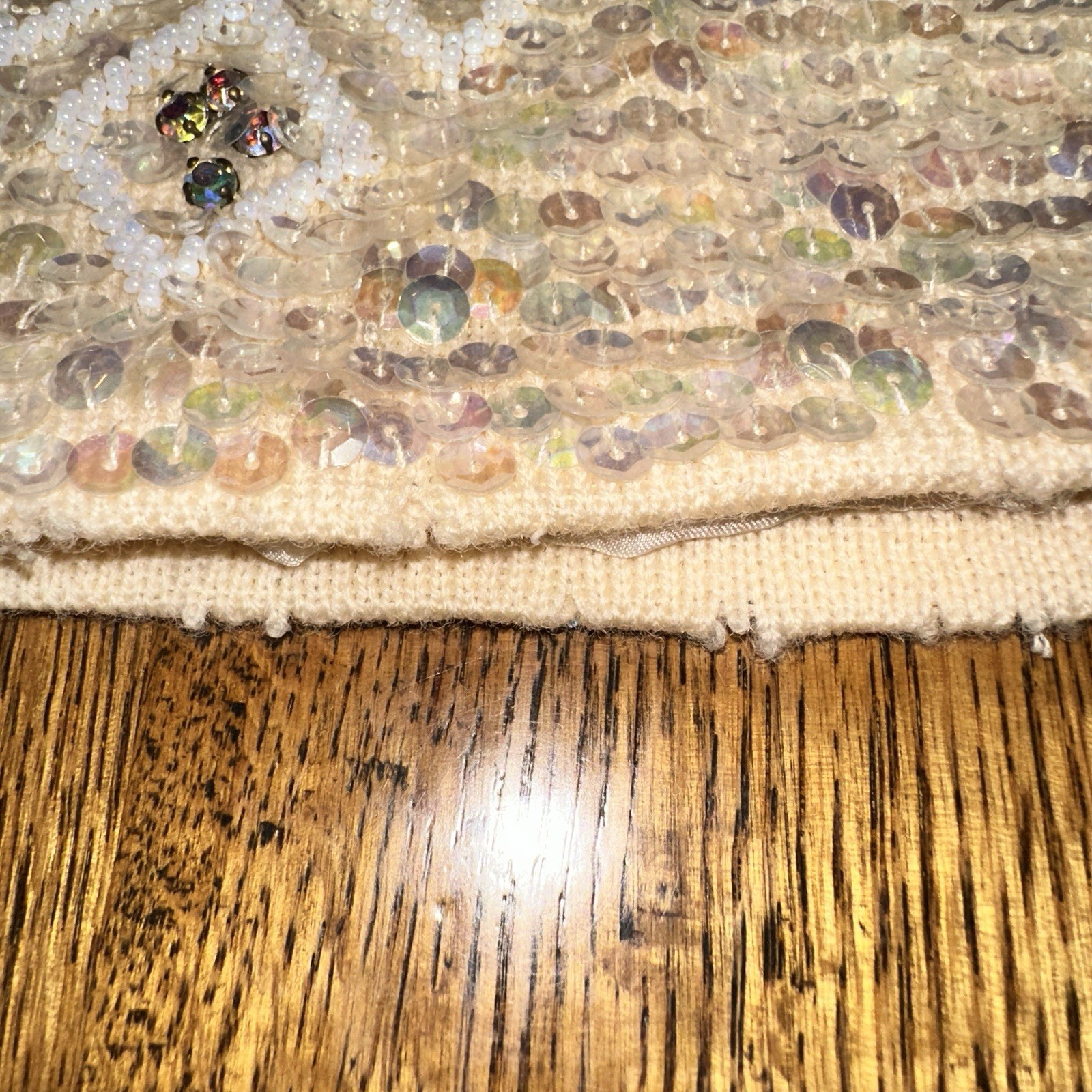 Vtg 50s 60s Hand Beaded Sequin Sleeveless Sweater Top Ivory 34 Glam Holiday Flaw
