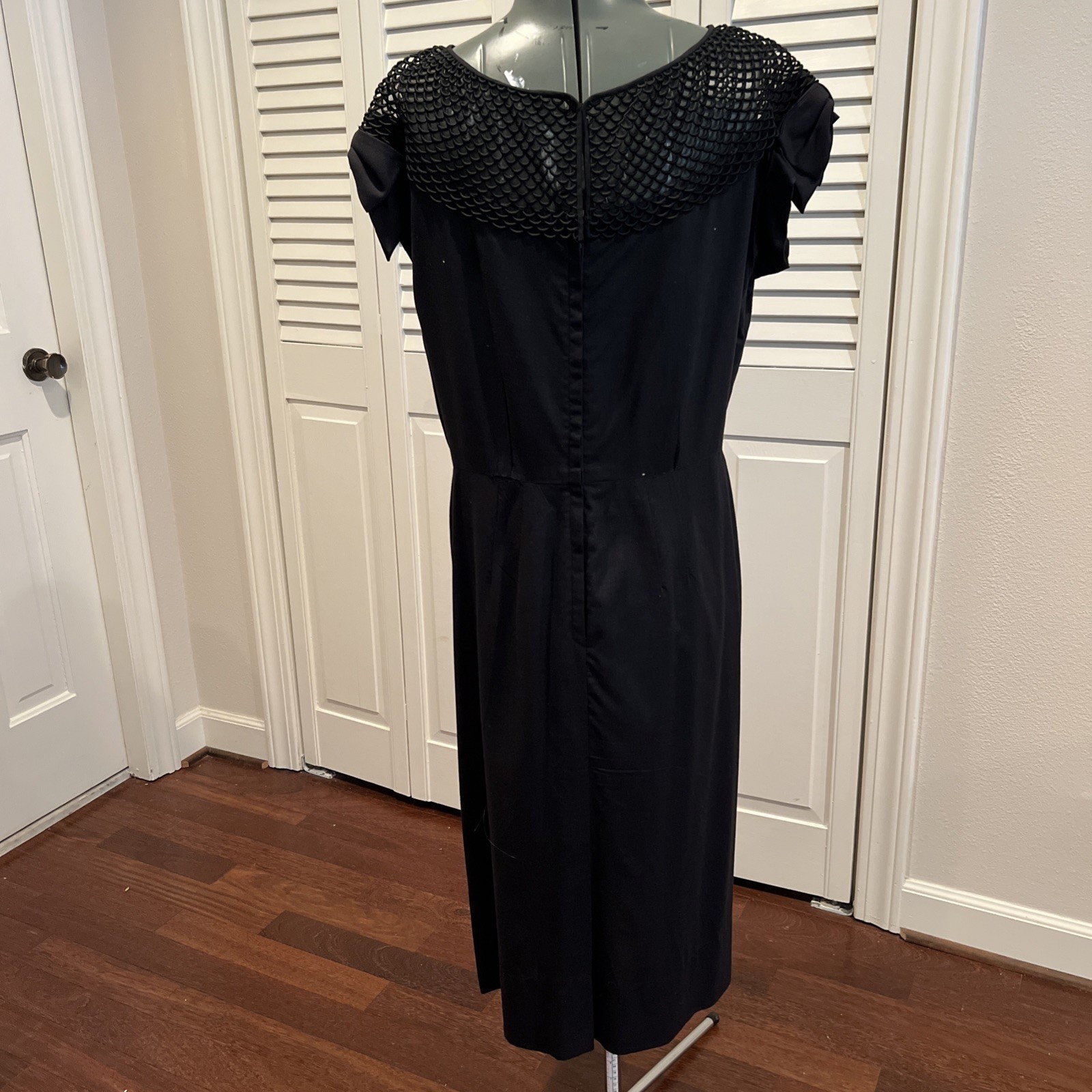 Vtg 1960s Paul Sachs Tailored Black Dress, Open Work, Cap sleeve w/bow, Sz M