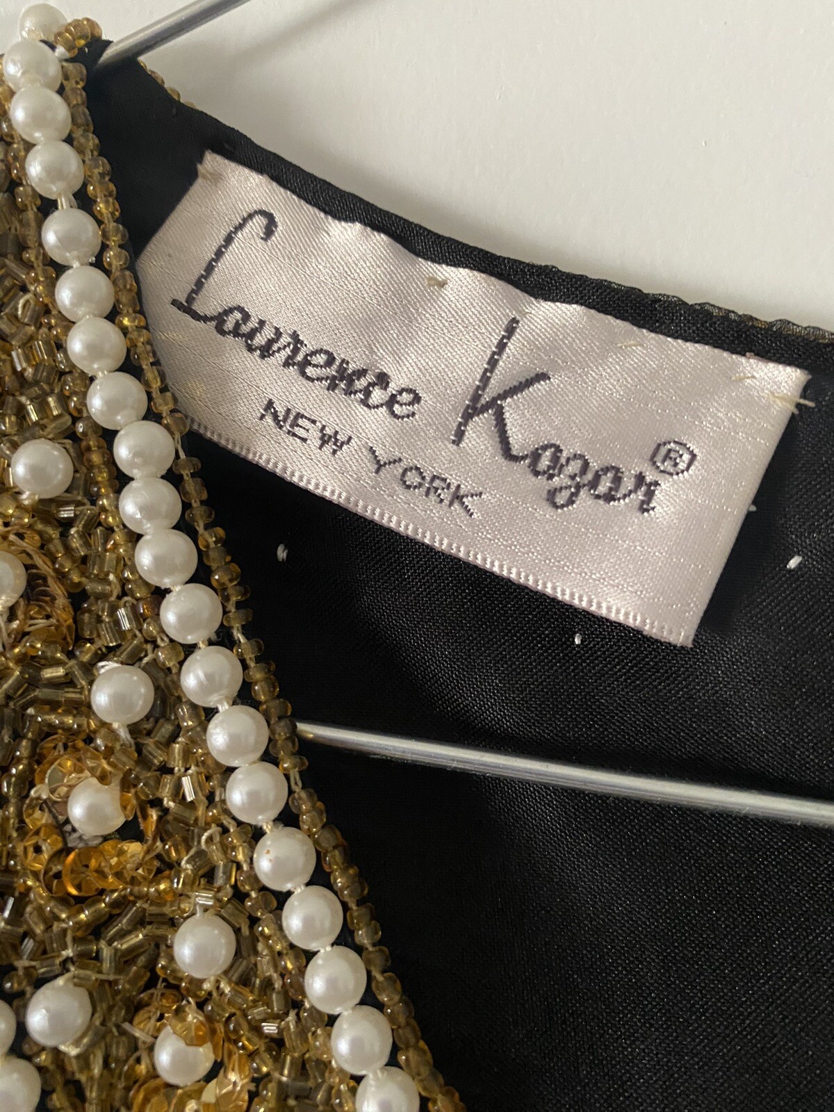 Laurence Kazarus Vintage Top, Beaded With Pearls Size XL Black Gold