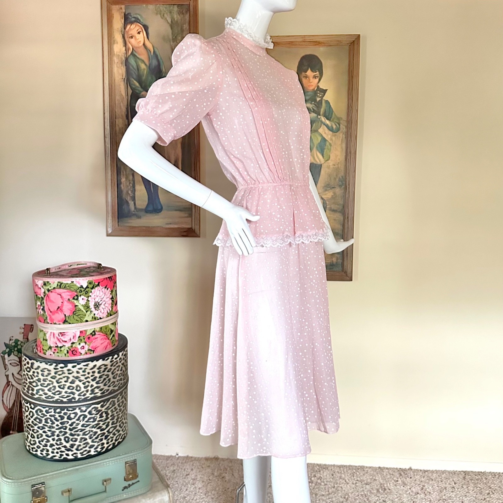 Vintage 1980s New Wave Valley Girl Pastel Pink Polka-dot Peplum Dress S/M