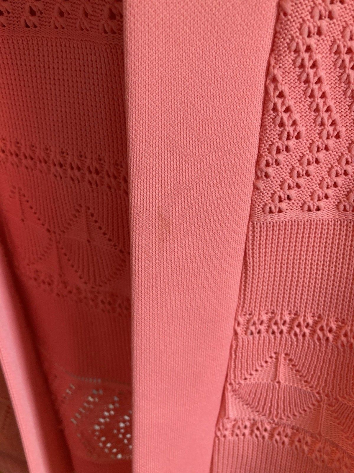 1970s Salmon Pink Coral Crochet Polyester Twinset Shell Jacket Mod Disco Spring