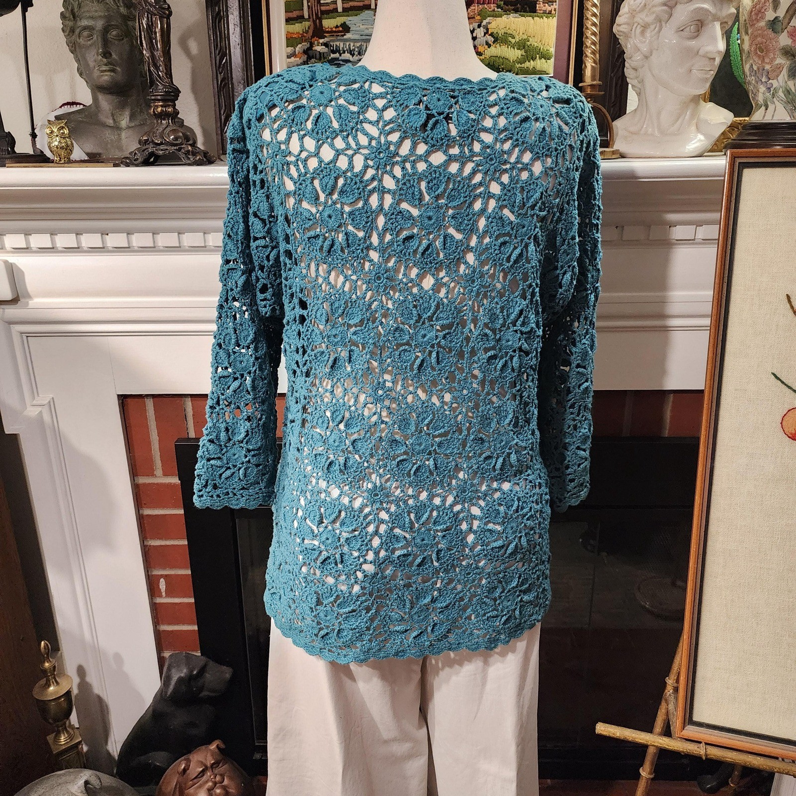 Forenza Vintage 80s Teal Crochet Tunic Lacy Openwork Floral Top Womens Medium