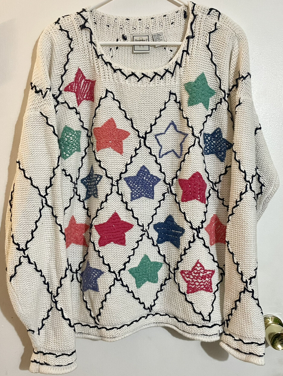 VTG Boundary Waters White Chunky Knit Multicolor Stars Black Zig Zag Sweater – L