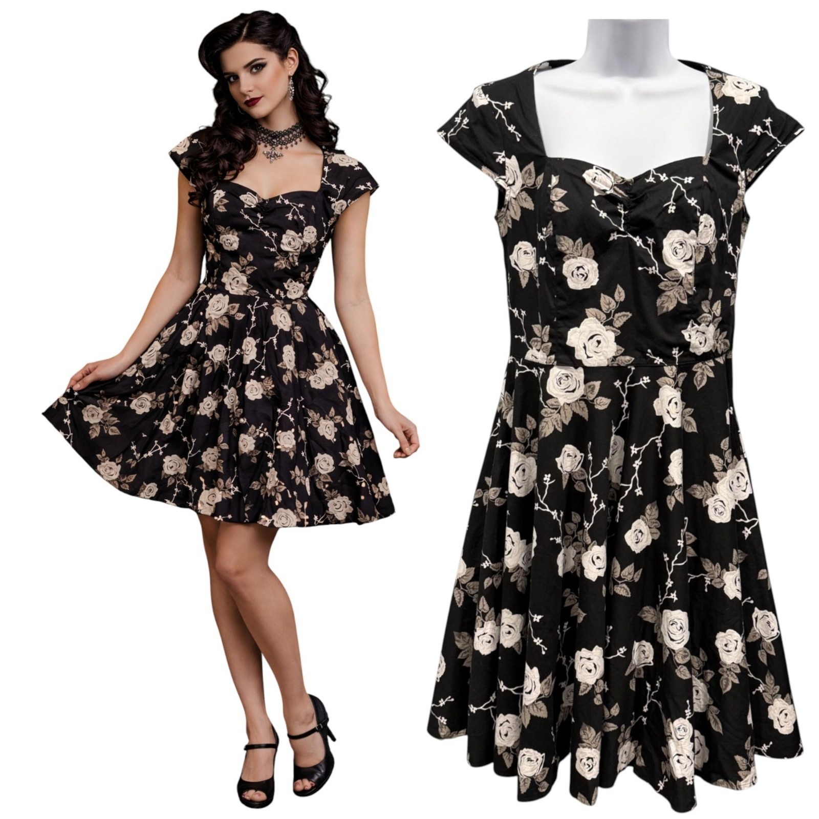Hell Bunny Vixen Pinup Swing Dress Black Floral Rose Gothic Rockabilly Size M