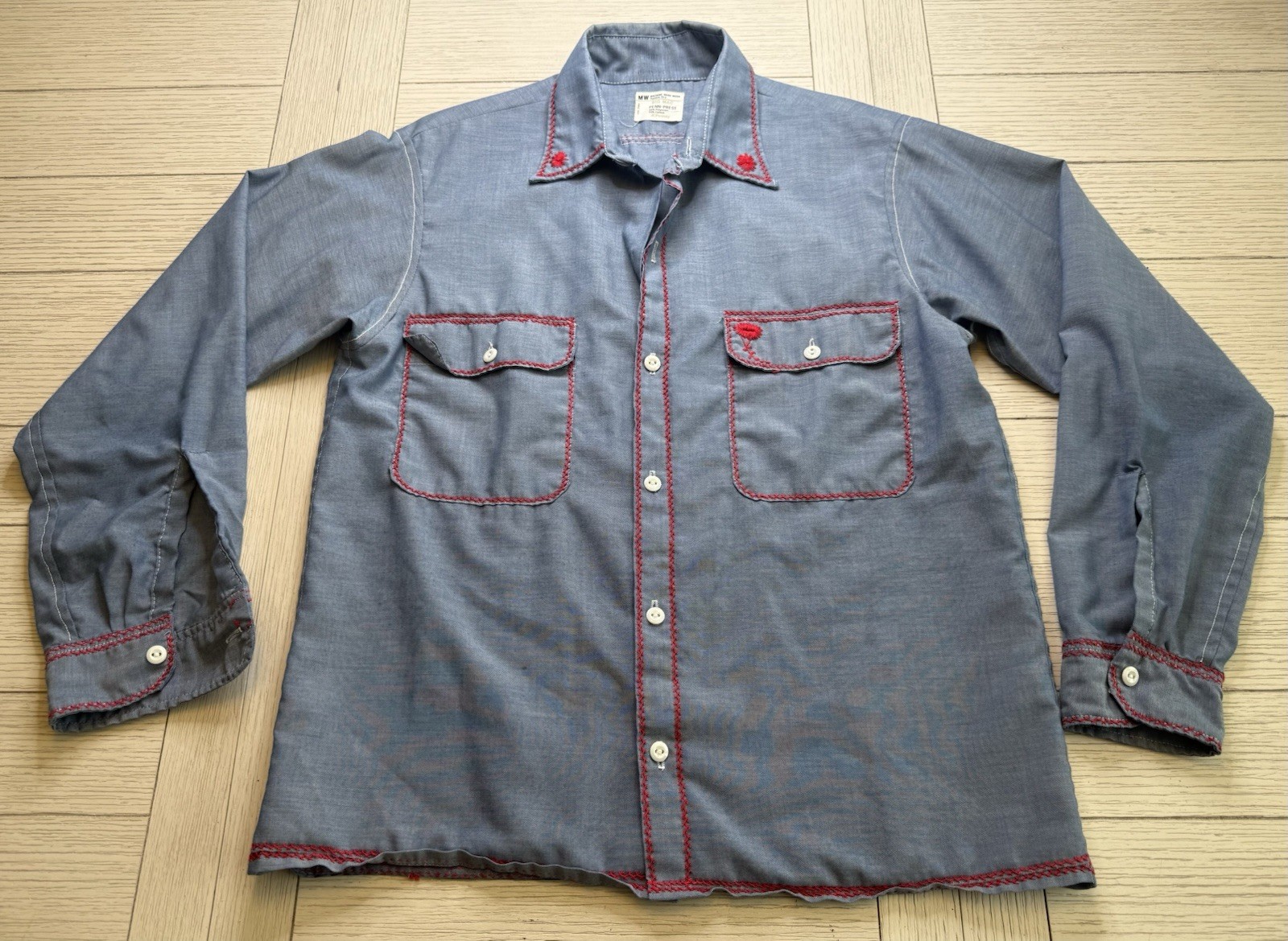 Vtg 60s Penney’s Big Mac Chambray Red Chain Stitched Flower Embroidered Shirt M