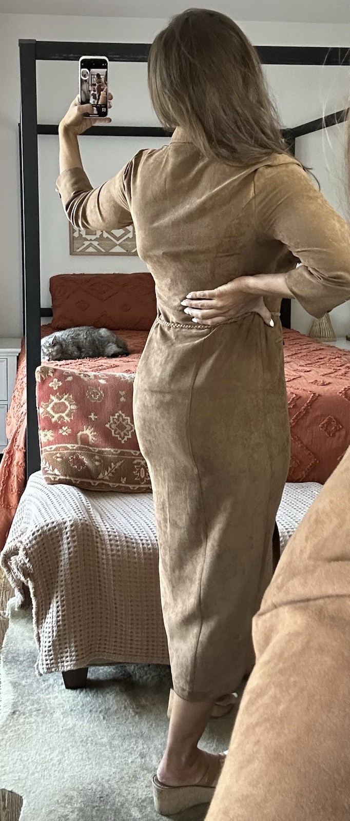 Vintage 90’s Size 8 Brown Suede Button Up Collar Midi Dress