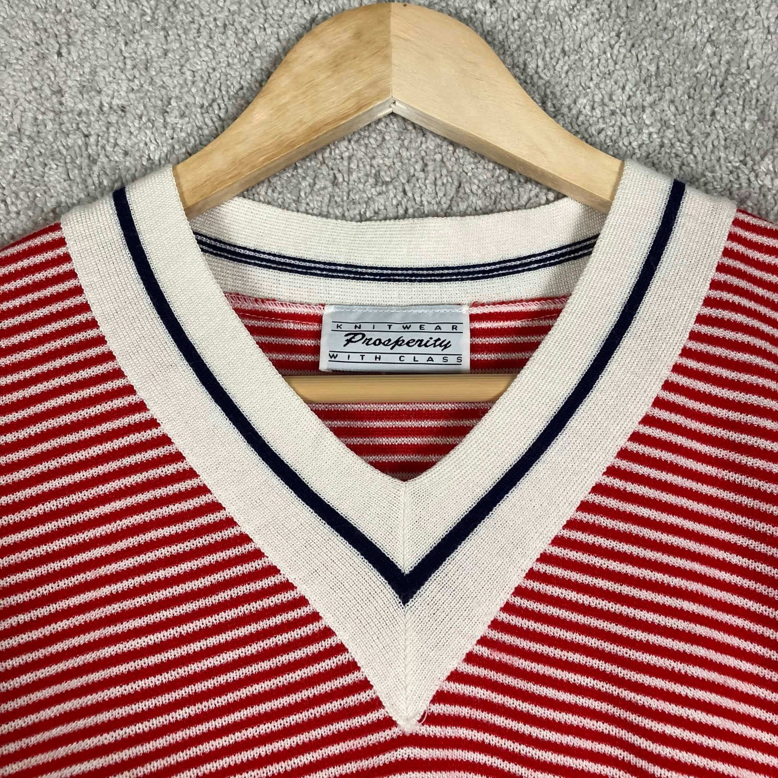 Vintage 80s Knit V-Neck Nautical Red White Striped Short Sleeve Sweater Retro