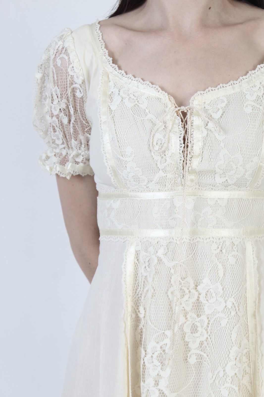 Vtg 70s Cream Prairie Dress Lace Up Corset Cottage Peasant Sheer Slv Boho Gown