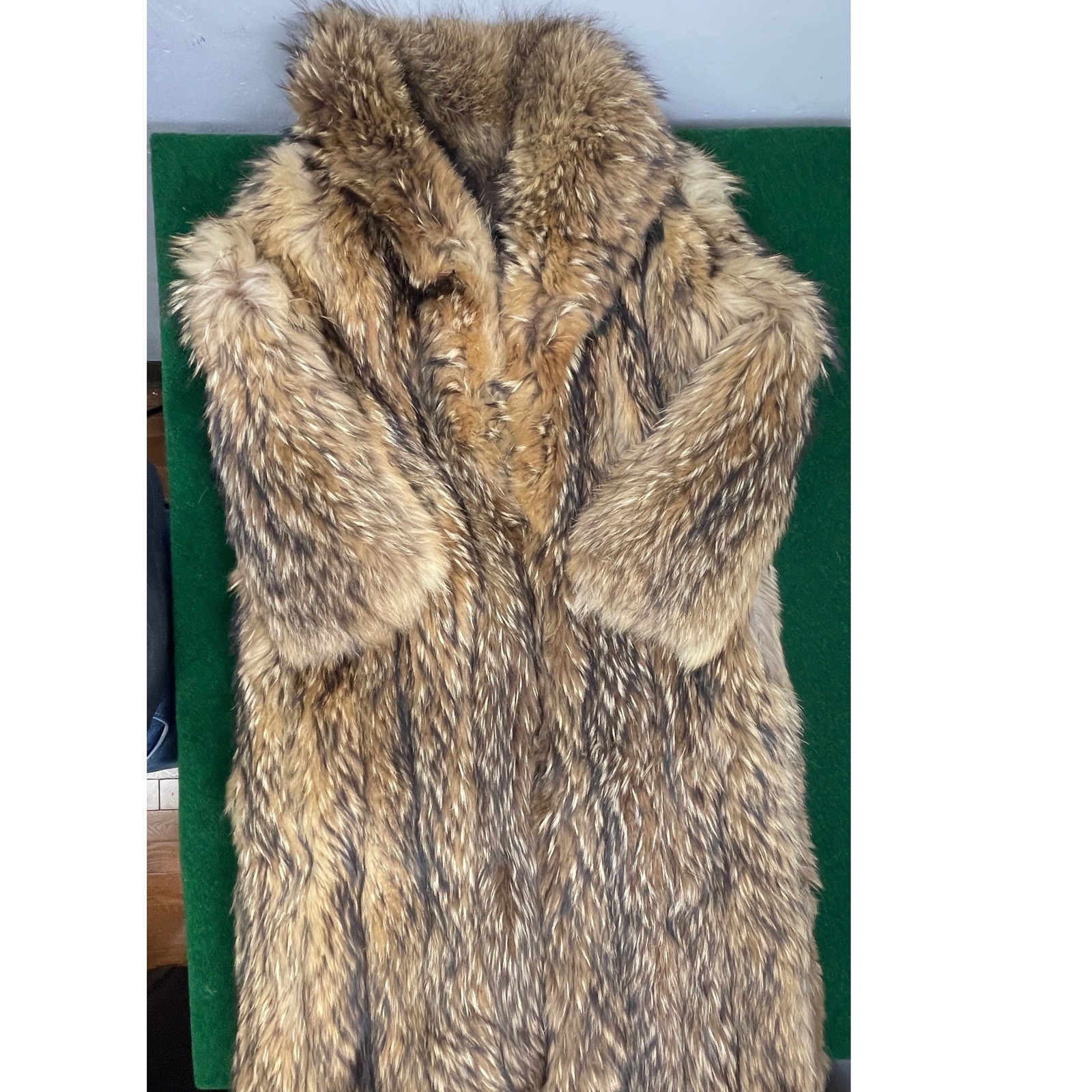 L.S. Ayres Furs Vintage Natural Fur Long Coat Brown Tan Black Shawl Collar 48in