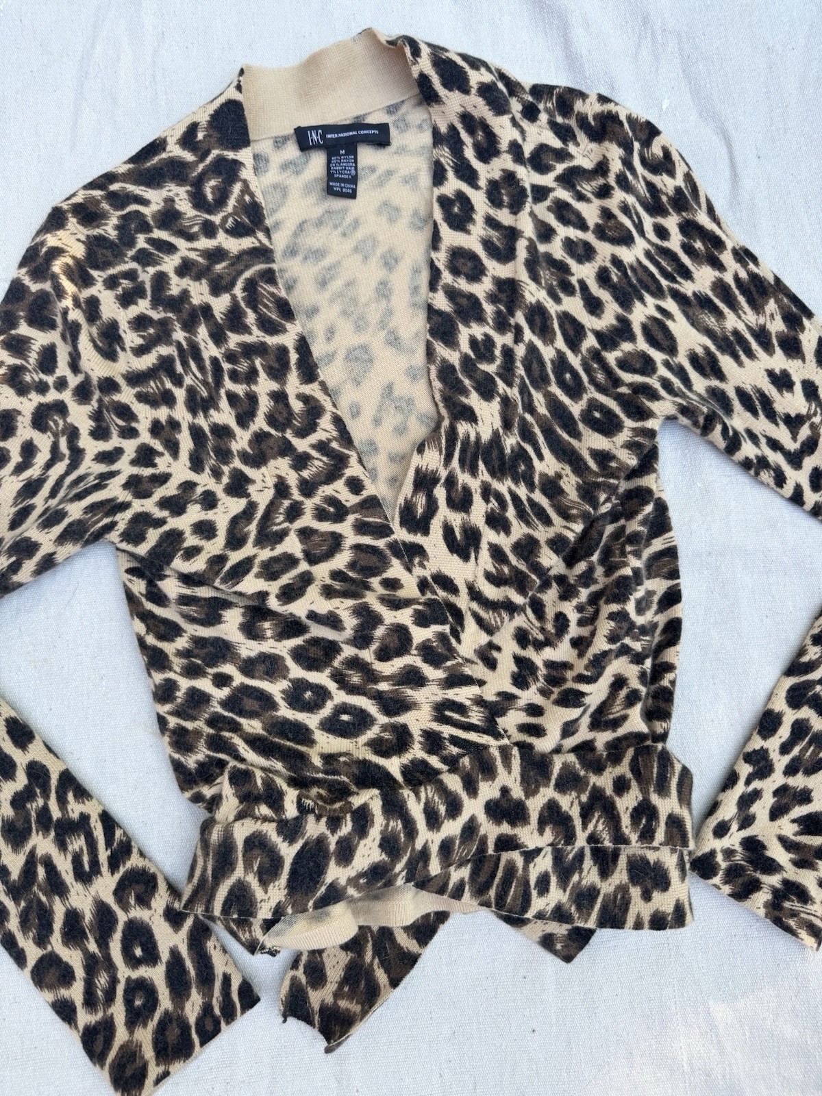 Vintage 1990s Y2K Leopard Print Wrap Top Angora Sweater Animal Print