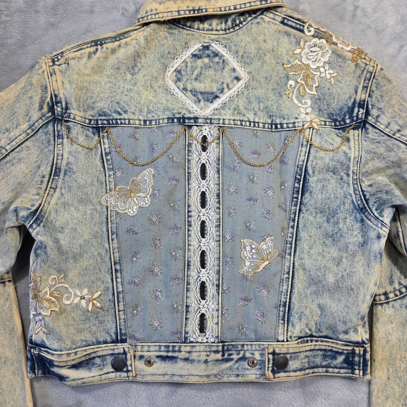 Vintage YR Acid Wash Upcycled Denim Jacket Butterflies Lace Crop S Retro Y2k