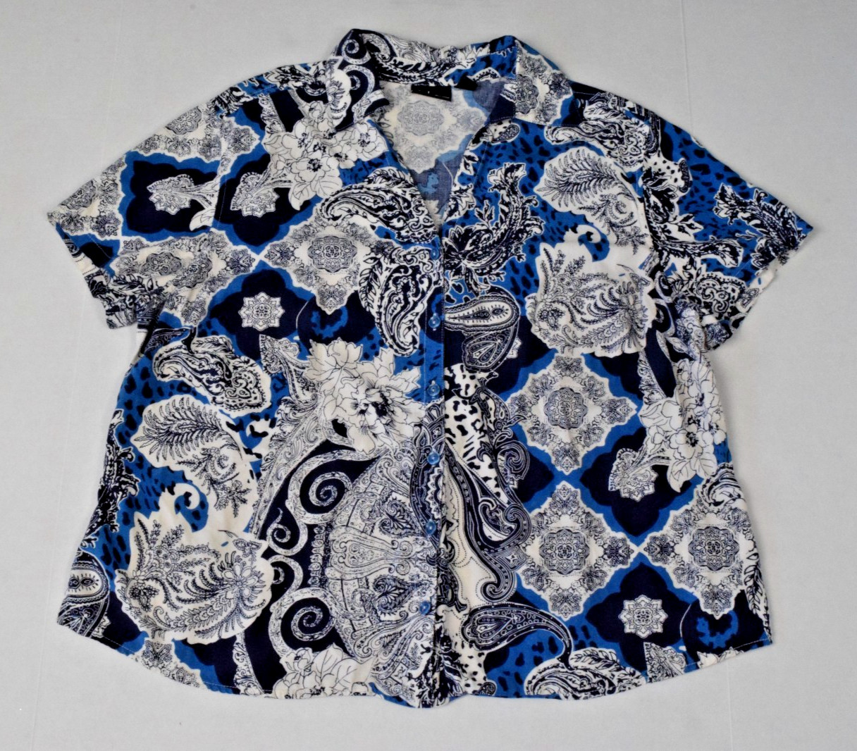 VTG Womens Top Erika Size 1X Y2K Blue Black Bohemian Paisley Rayon Cotton 2004
