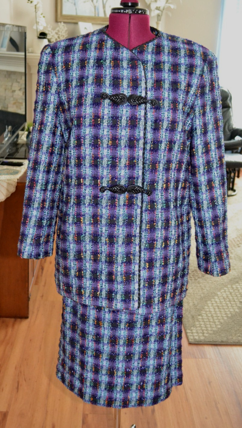 VTG Doncaster Tweed Skirt Suit Set 12 14 Faux Leather Trim Quiet Luxury NWT