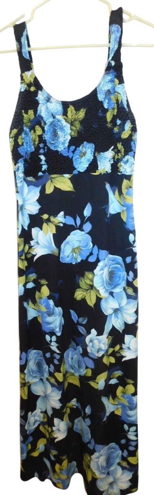 Floral Maxi Dress By Rag Blue Roses Stretchy Bodice Womens Sz S or M 1990s Vtg