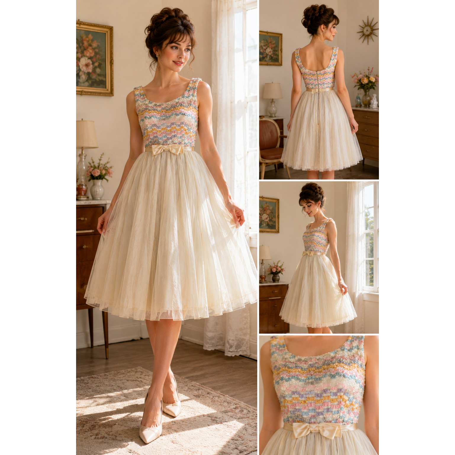 Vintage 60s Pastel Chiffon Party Dress Coquette Balletcore Fit Flare 6