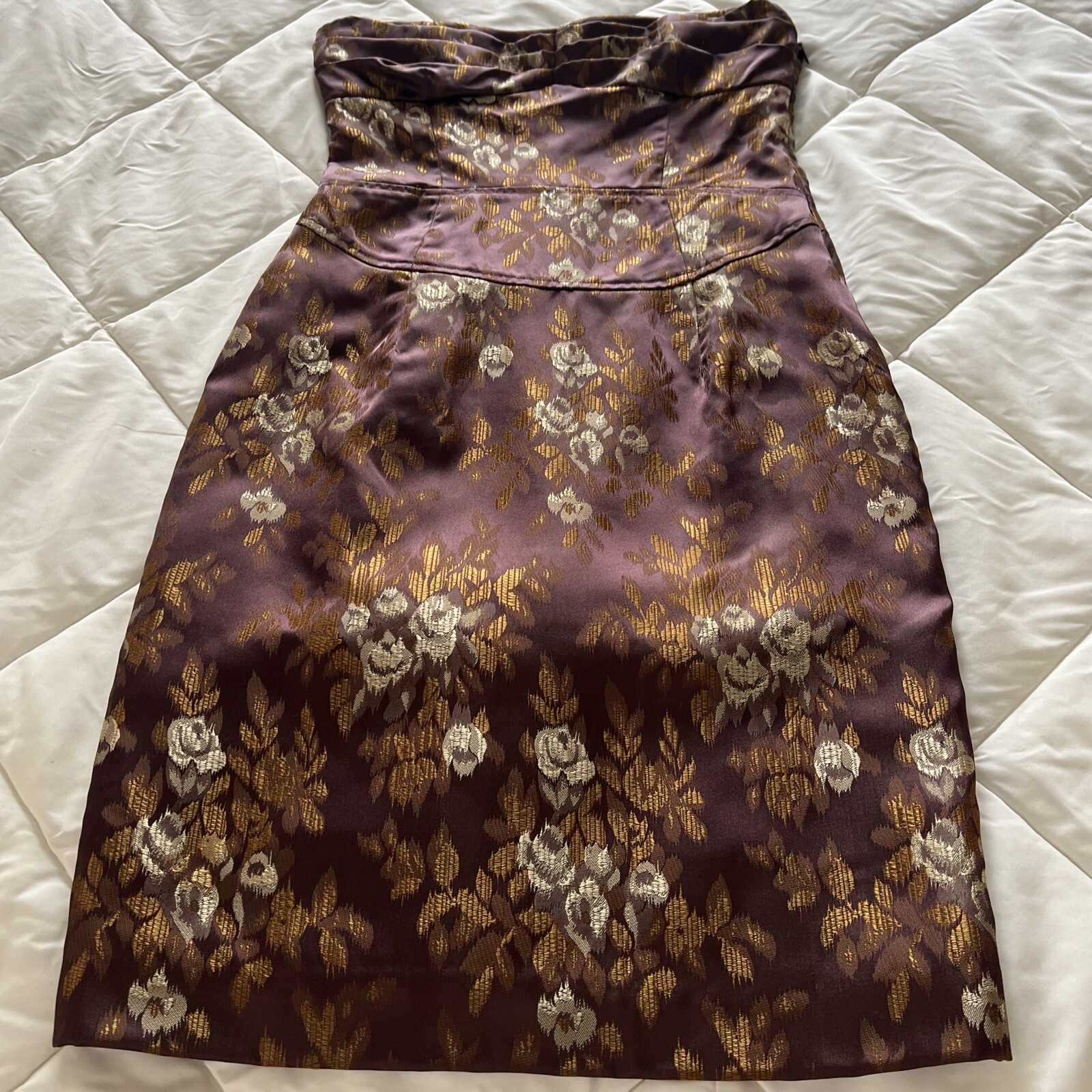 Vintage To The Max Strapless Brocade Gold Bronze Floral Form Fitting Dress Size4