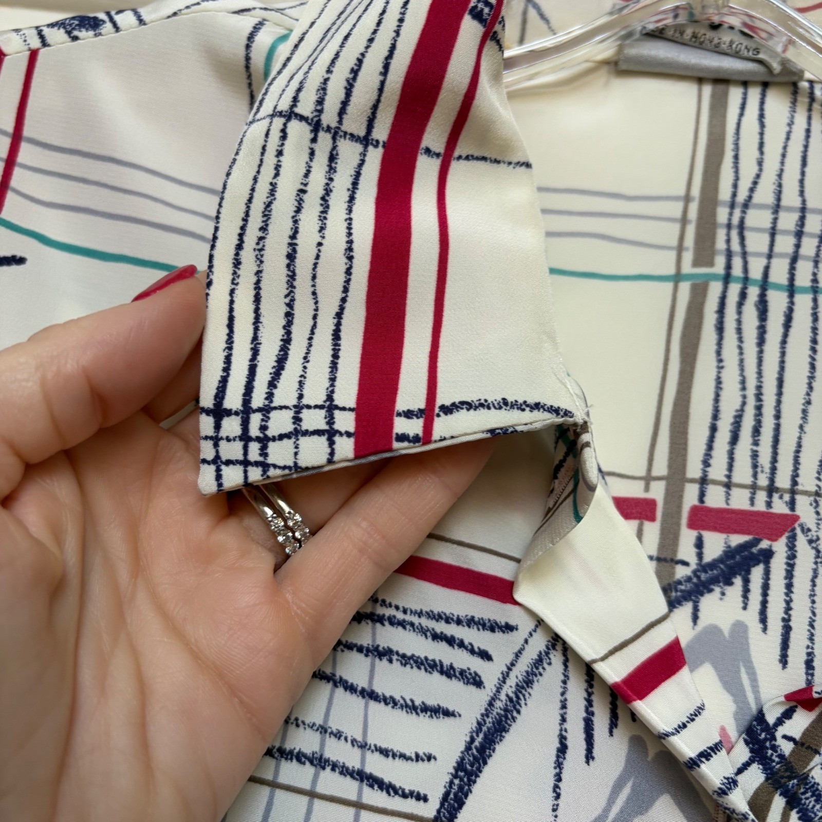 Bleyle Vintage 80s Geometric Grid Abstract Button Down Blouse White Red 12 READ