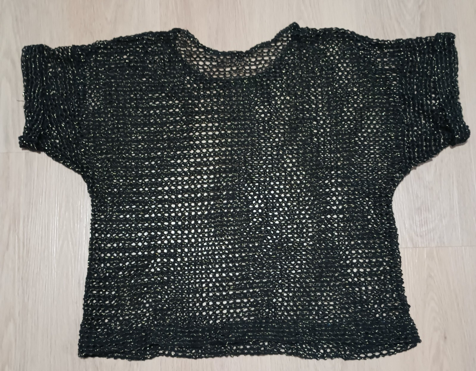 Vtg 80s Stretchy Sheer Knit Gold Metallic Black Mesh Fishnet Oversize Top M