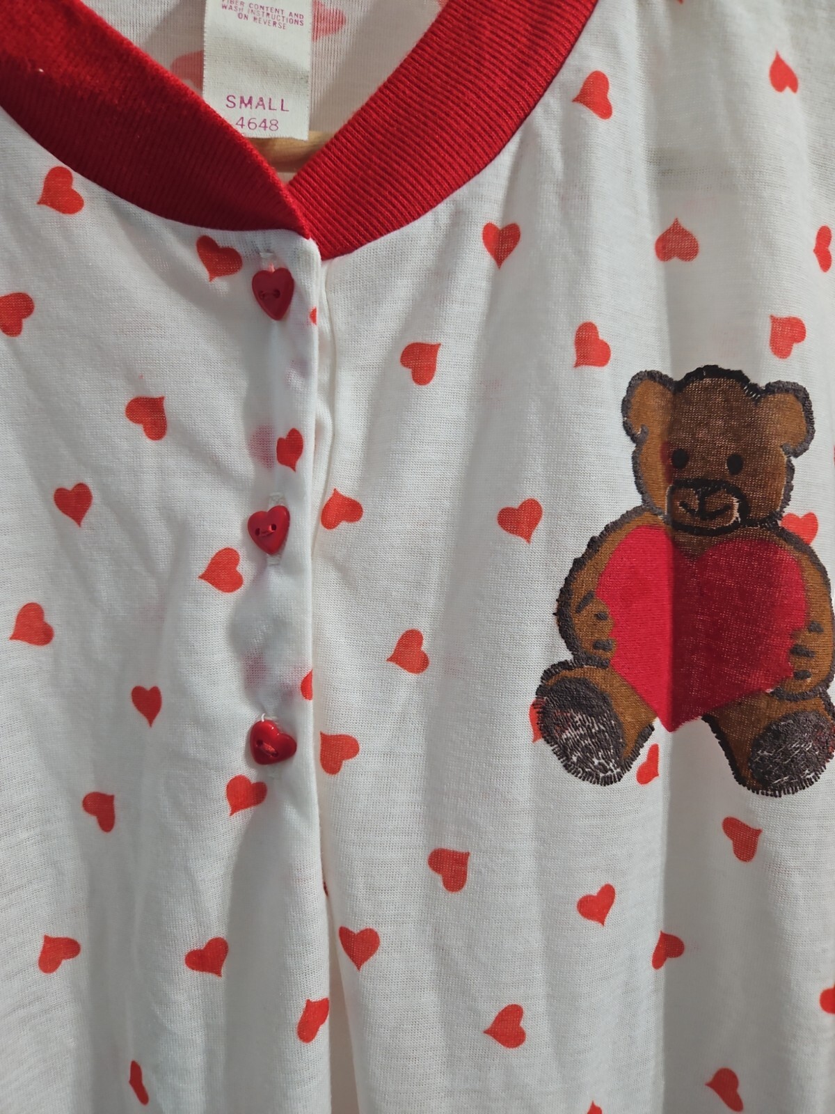 Vtg 1980s Teddy Bear & Hearts Nightgown Single Stitch Sleep Shirt Union Made USA