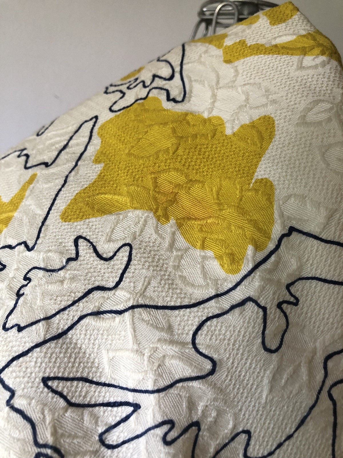 Mid Century Abstract Yellow, White, & Navy Blue Maxi Dress, M