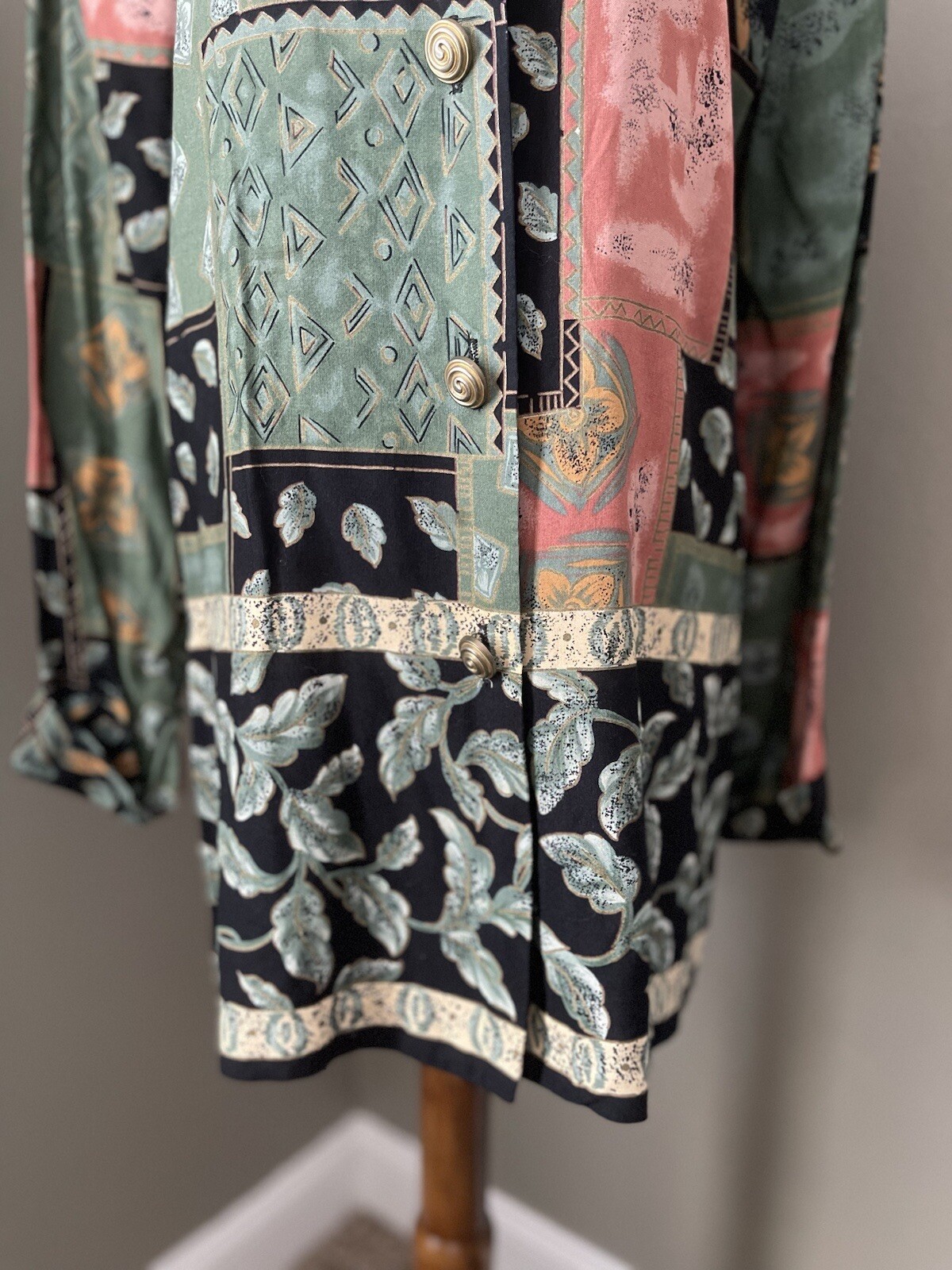 Vintage 80s 90s Shoulder Pad Patchwork Style Button Up Top Gold Spiral Buttons