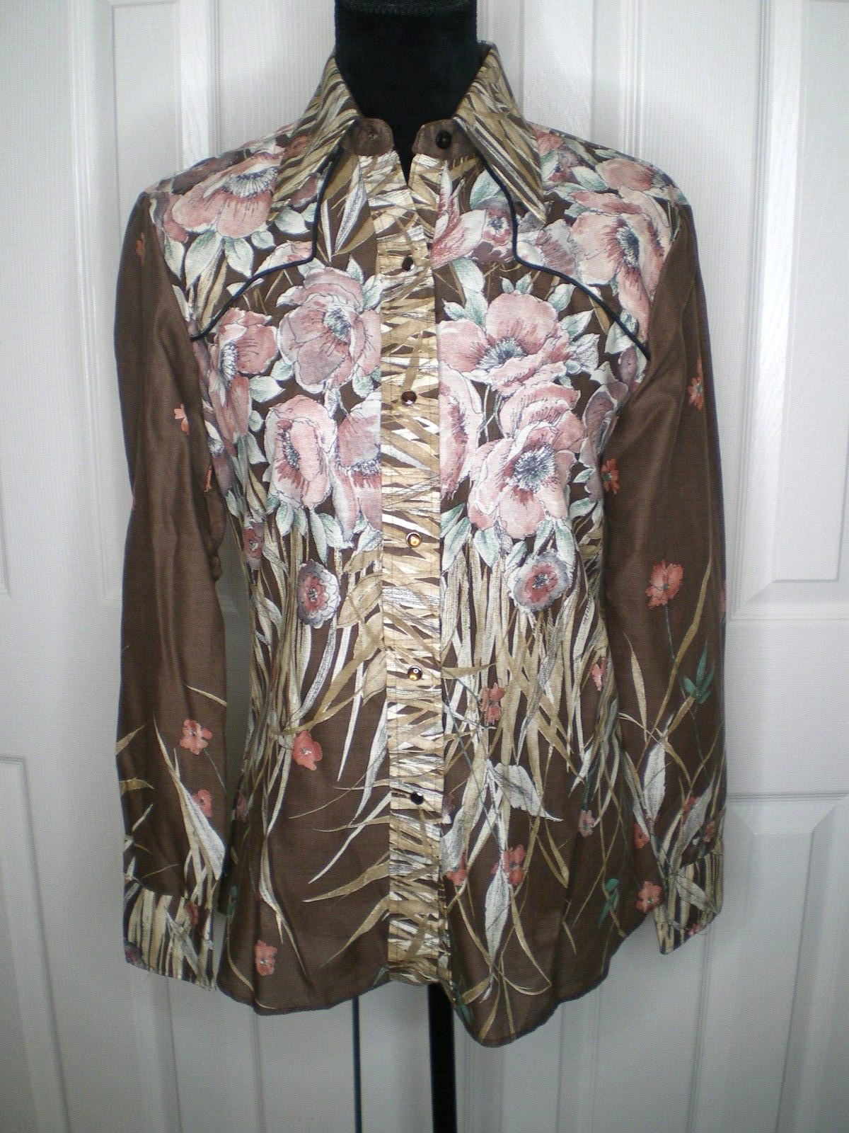 NOS USA Made Tem Tex Western Women’s Long Sleeve Rockabilly Floral Snap Shirt 14