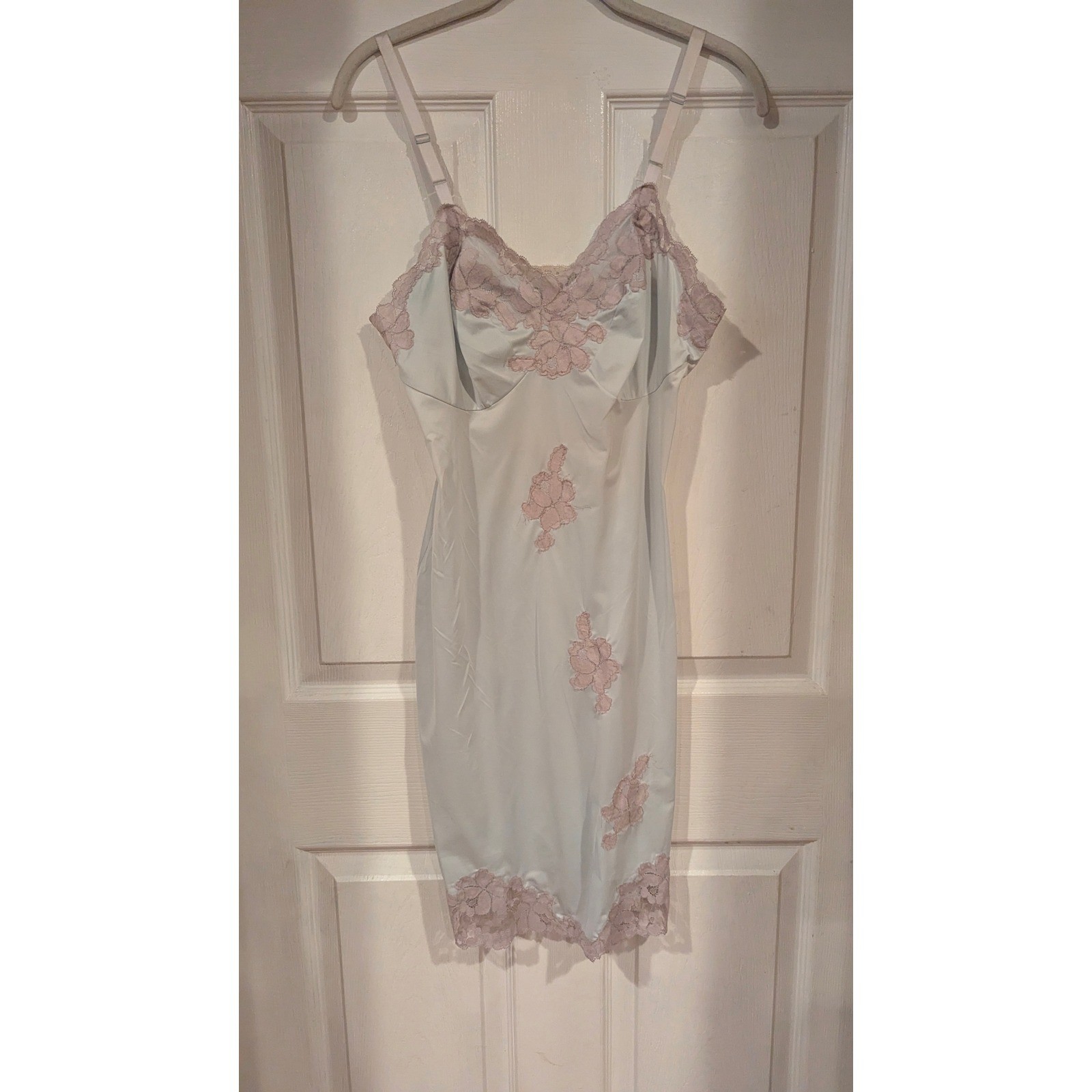 Vintage Nylon Lace Slip Dress 34 Blue Pink Floral Applique Coquette Retro Midi