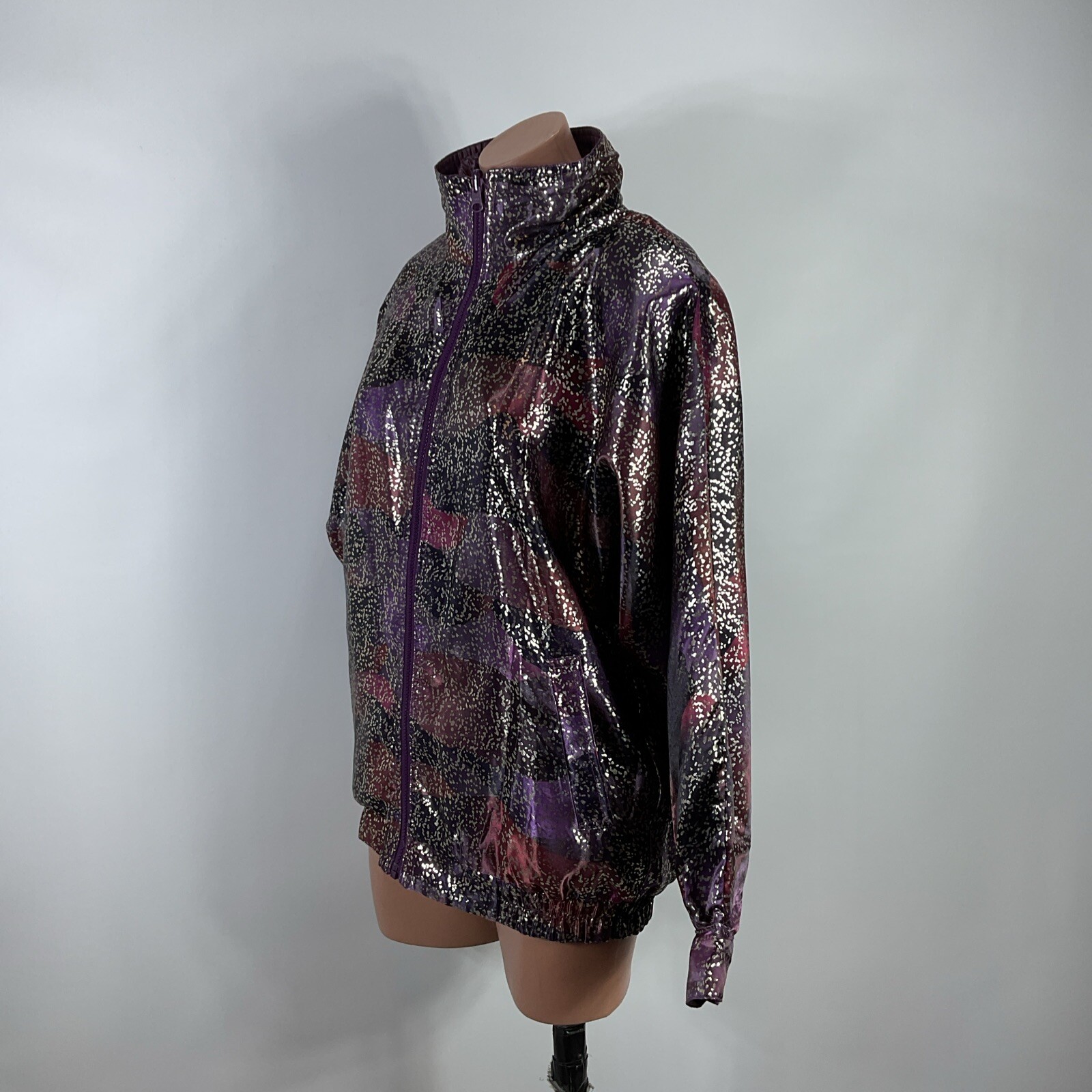 Vintage Rafael Satin Bomber Jacket Y2K Reversible Metallic Purple Animal Print S