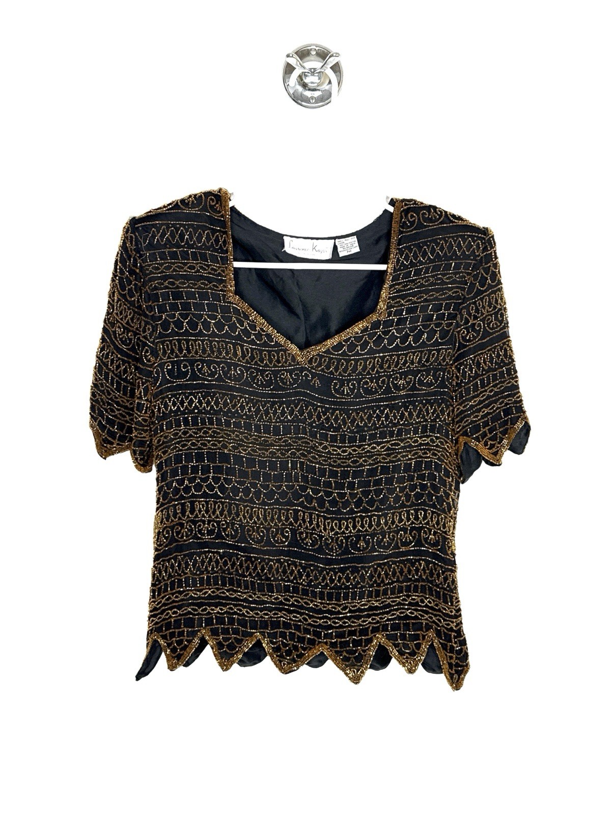 Laurence Kazar Vintage Glam Black Silk Gold Beaded Short Sleeve Blouse Petite M