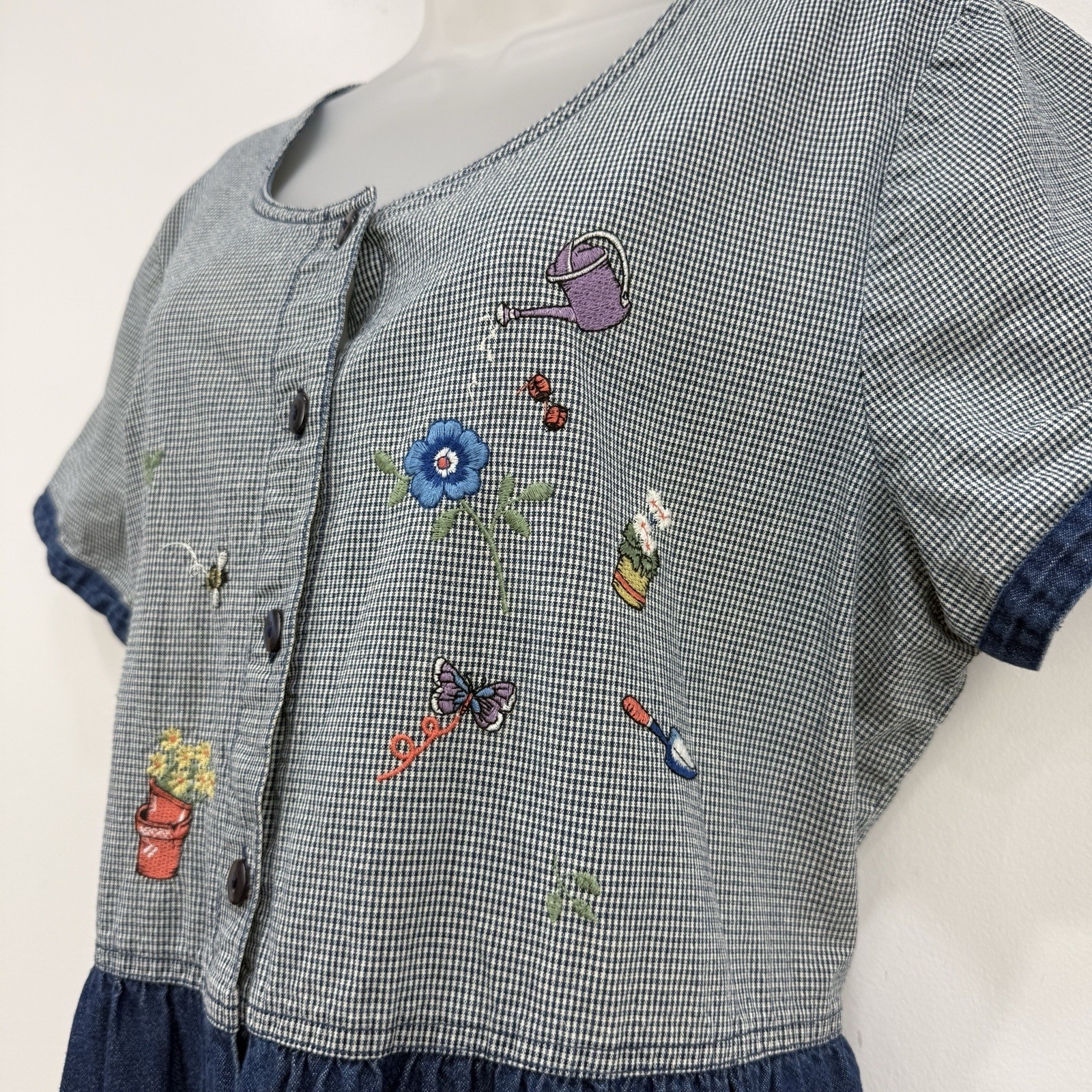 VTG 90s Bobbie Brooks Denim Dress XL Garden Gingham Cottage Country Teacher Maxi