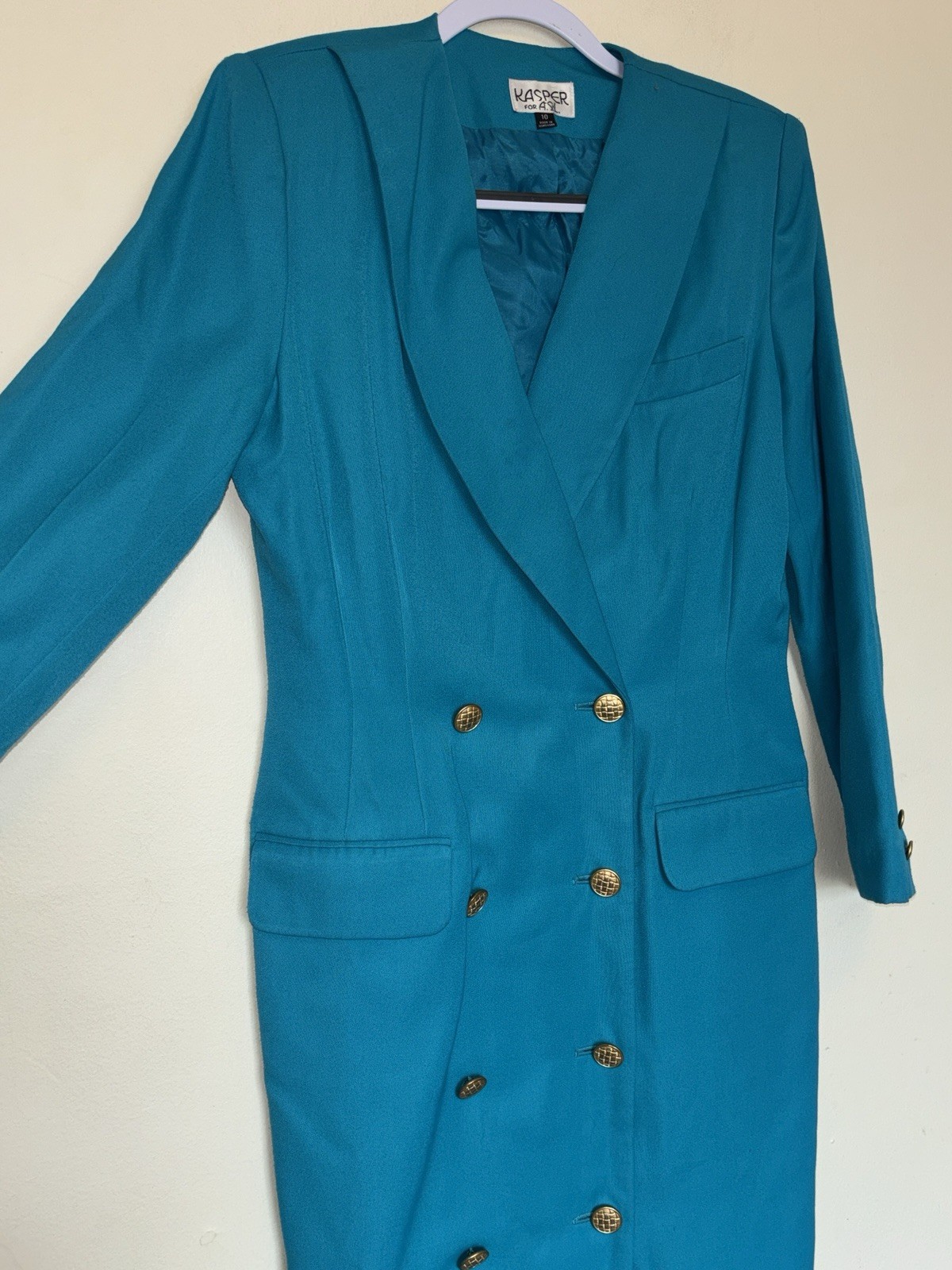 Vtg 80s Kasper Double Breasted Blazer Dress Sz 10 Gold Buttons Corpcore Office