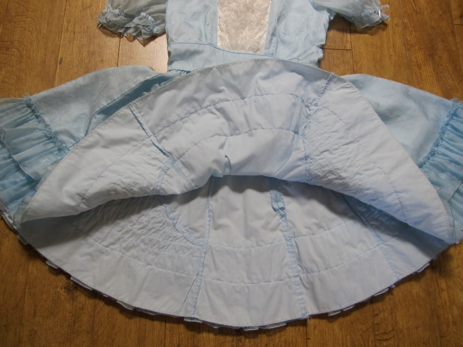 Vtg SQUARE DANCE PRAIRIE DRESS Blue Organza Ruffles Rows of White Lace Sz 12/14