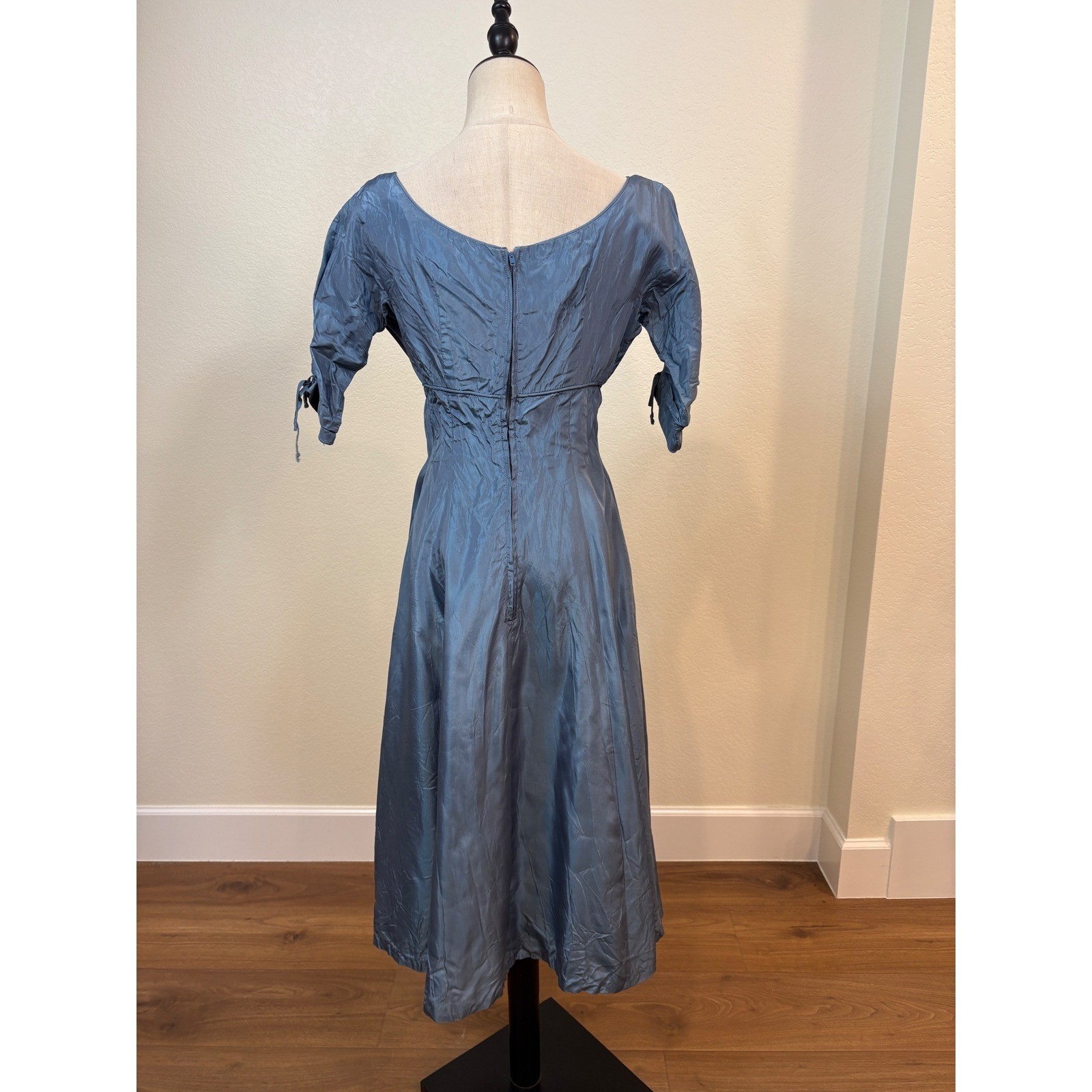 Vtg 50s Dress S Blue Taffeta Rhinestone Mid Century Cocktail Party Rockabilly