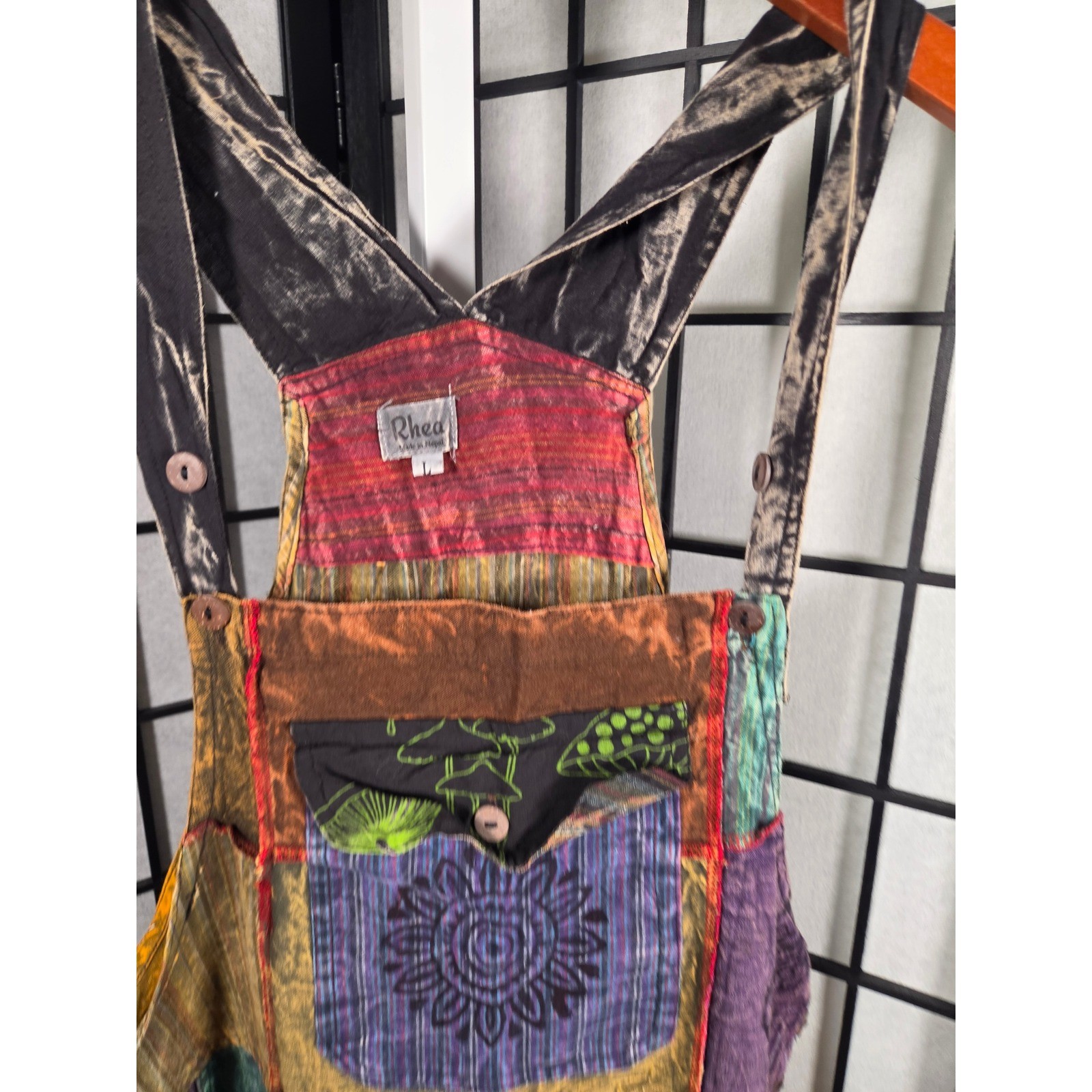 Patchwork Overalls Multi Color Block Print Hippie Festival Bib Jumpsuit LARGE