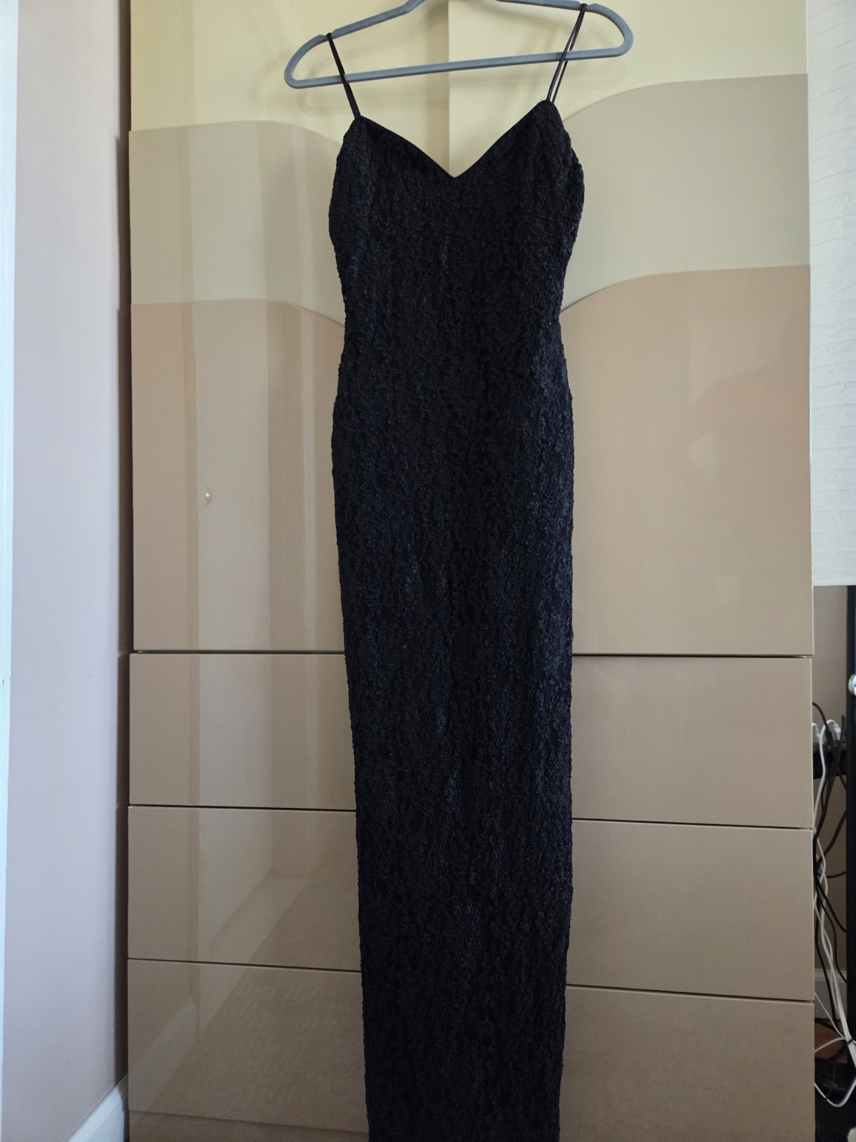Vintage L.A. Glo Black Lace Maxi Dress Slip Spaghetti Strap Side Slit USA XS/S