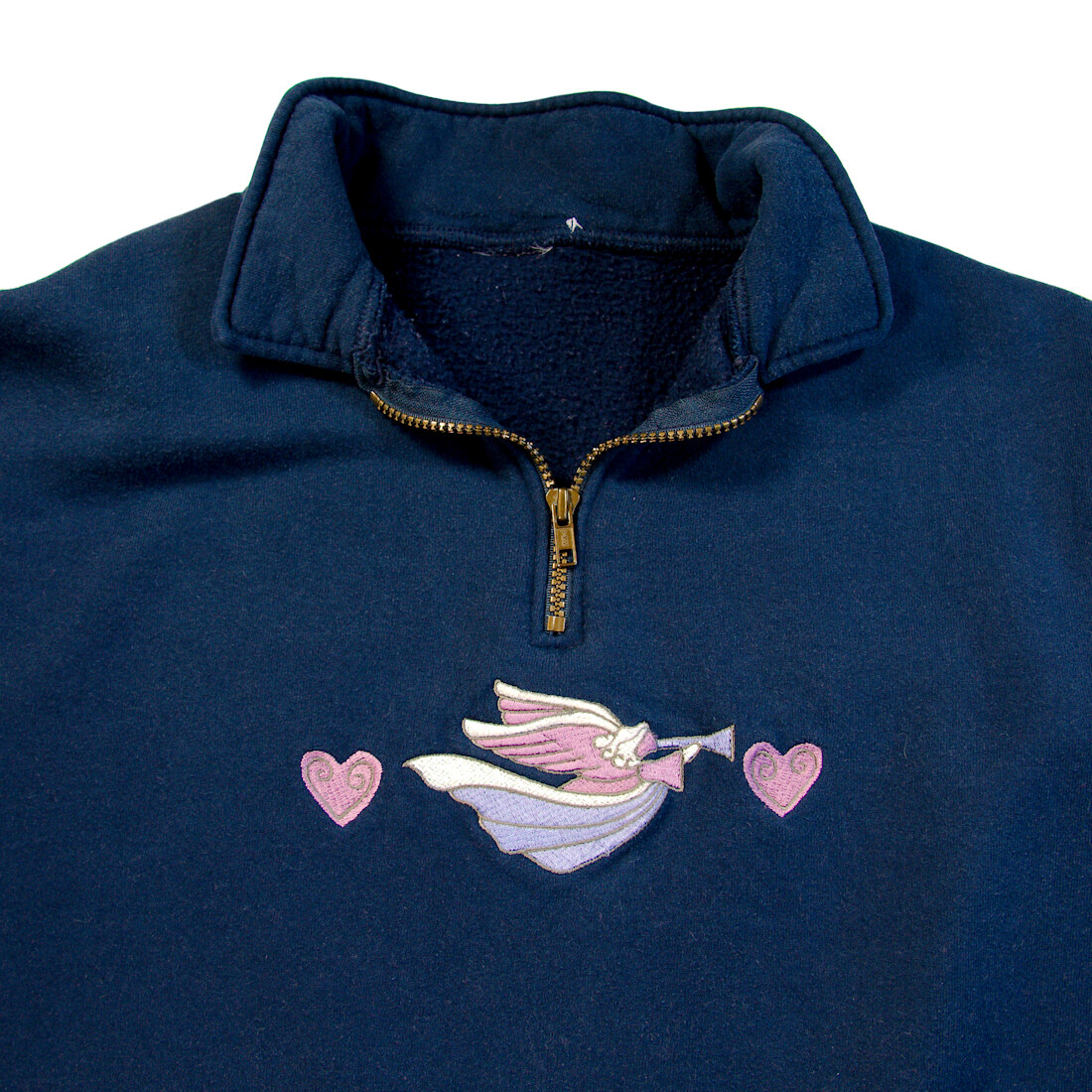Pullover Sweater Sweatshirt Dark Blue Embroidered Horn Angel 1980s Vtg Womens XL
